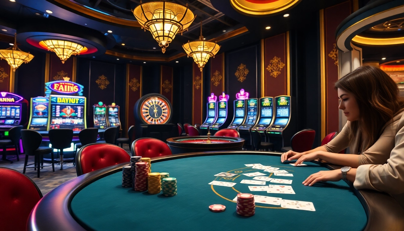 KJC casino scene showcasing an exciting poker game with vibrant chips, cards, and elegant decor.