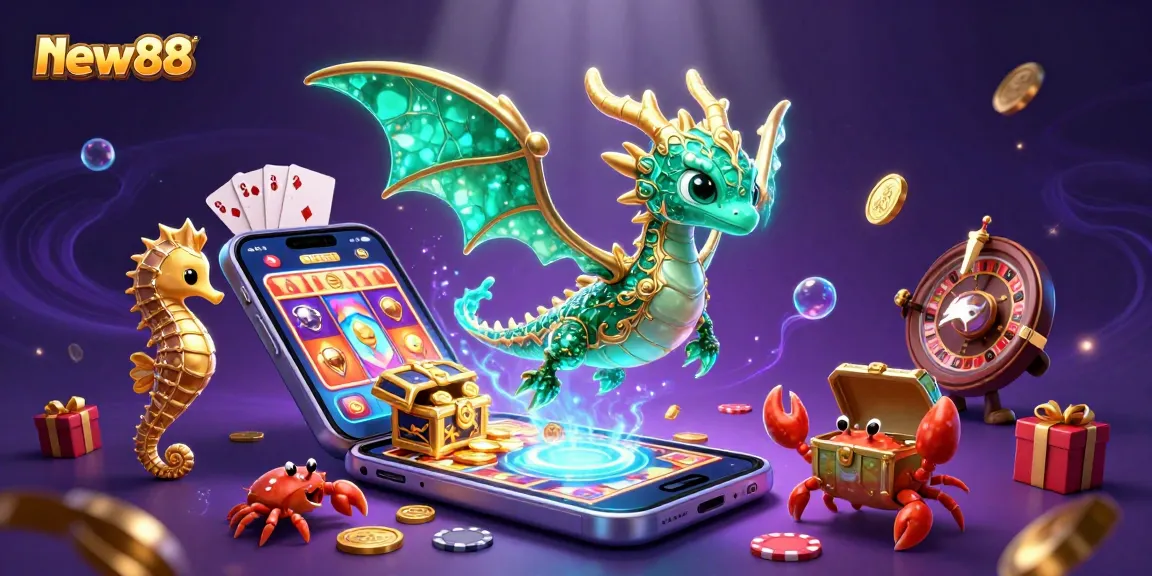 Spin exciting slot games at new88, featuring a vibrant dragon, treasure chest, and colorful gaming elements.