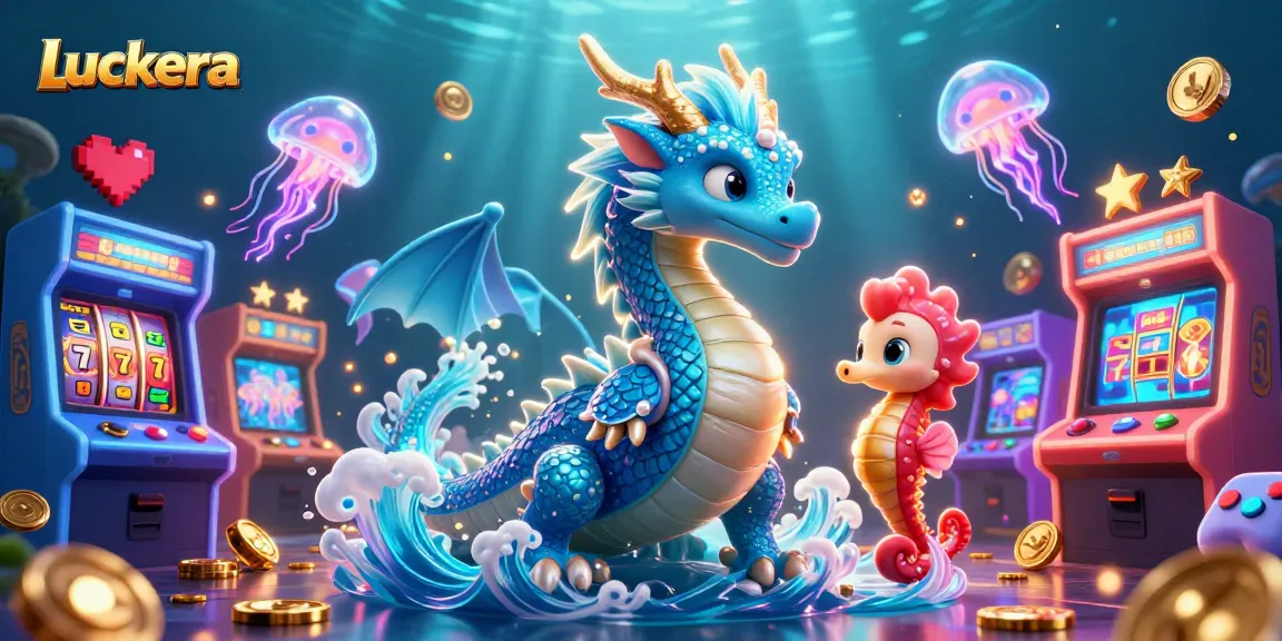 Engage with the vibrant Luckera casino world featuring a dragon and seahorse knight amidst neon game elements.