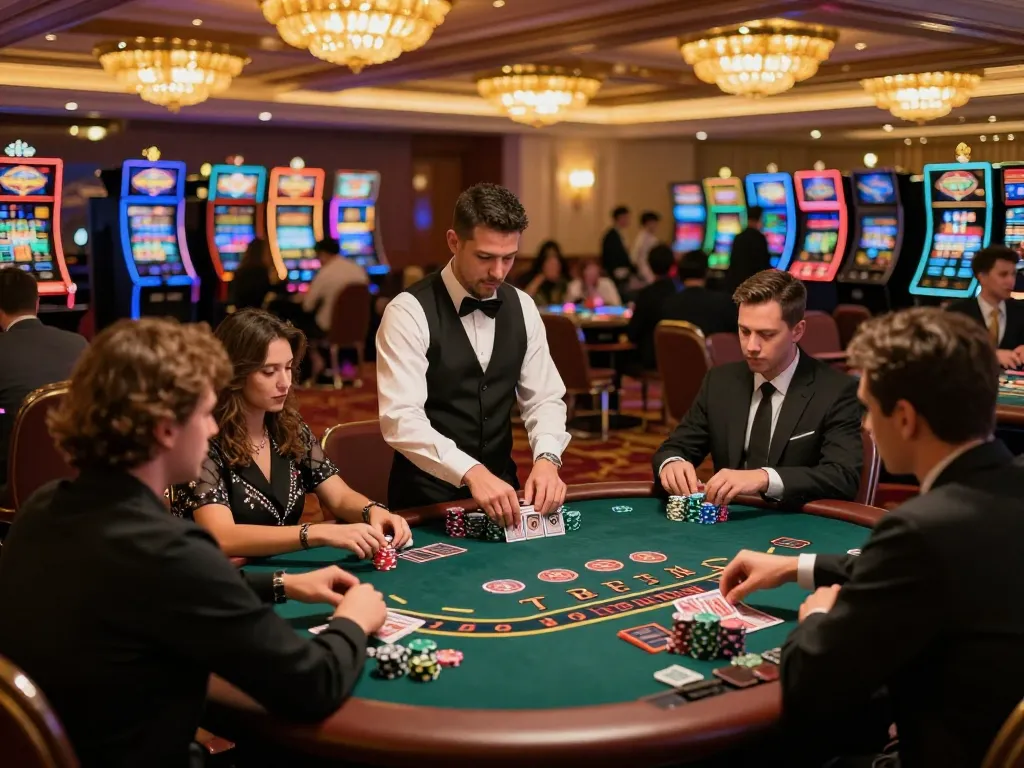 NET88 players strategizing their bets at a bustling blackjack table in a luxurious casino.