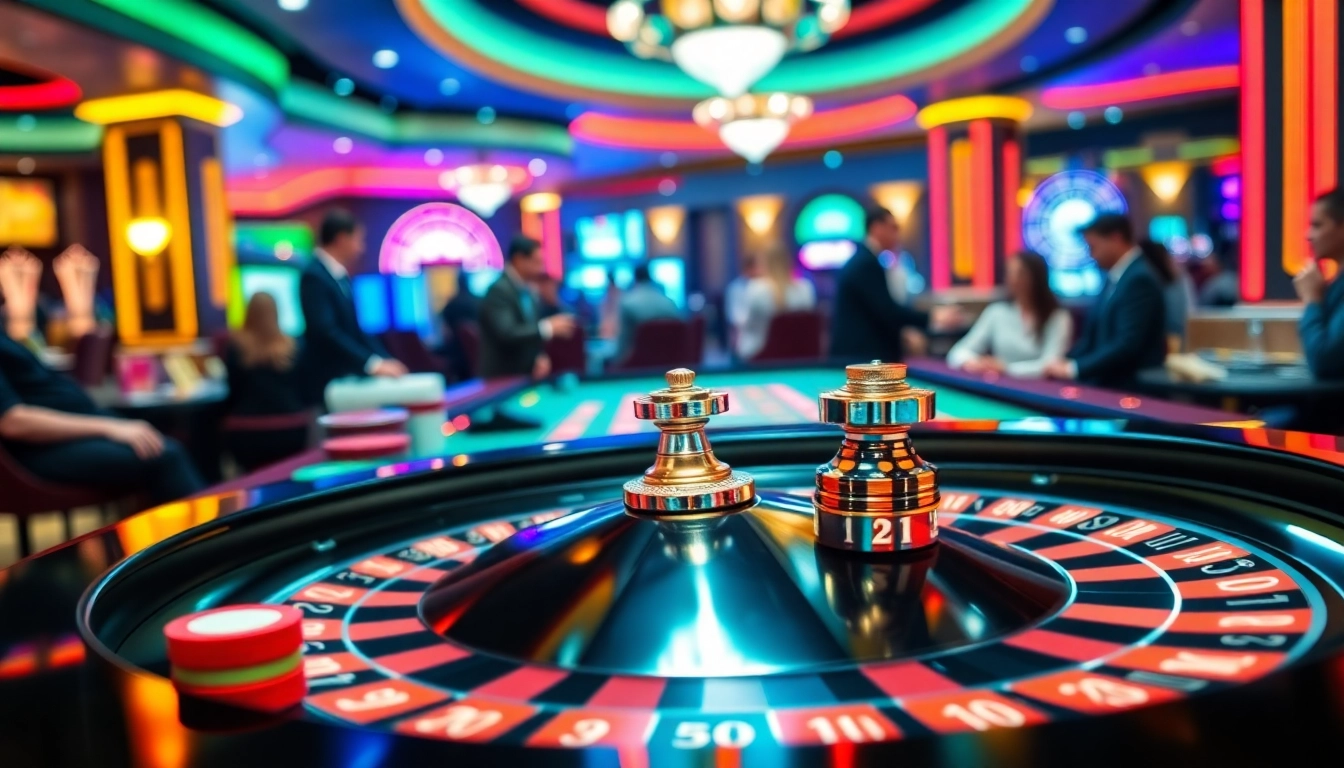 Players engage around a roulette table in a lively casino atmosphere.