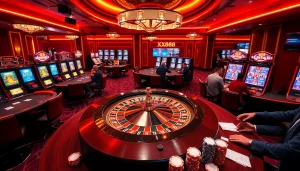 Players enjoying a thrilling game at XX88 casino, surrounded by vibrant tables and slot machines.