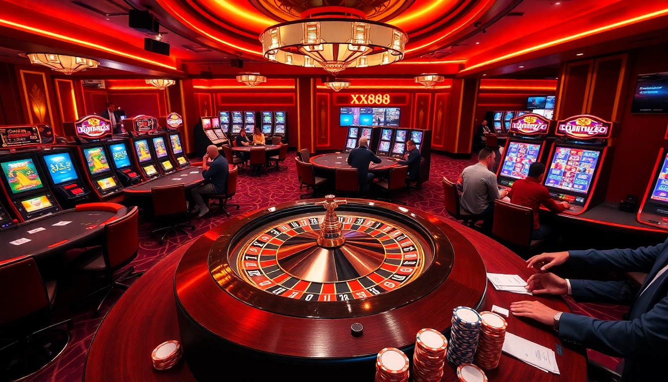 Players enjoying a thrilling game at XX88 casino, surrounded by vibrant tables and slot machines.
