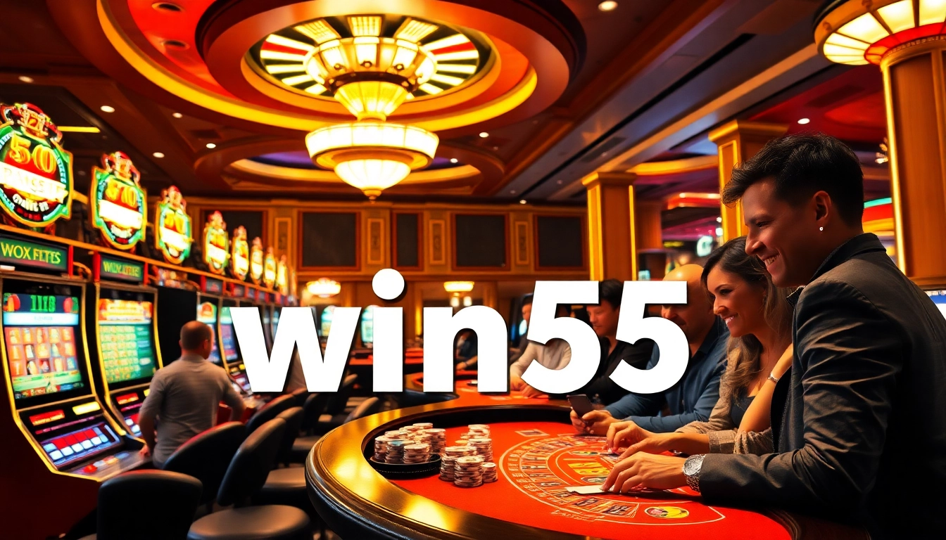 Experience thrilling games at win55 casino tables with vibrant slot machines and excited players.