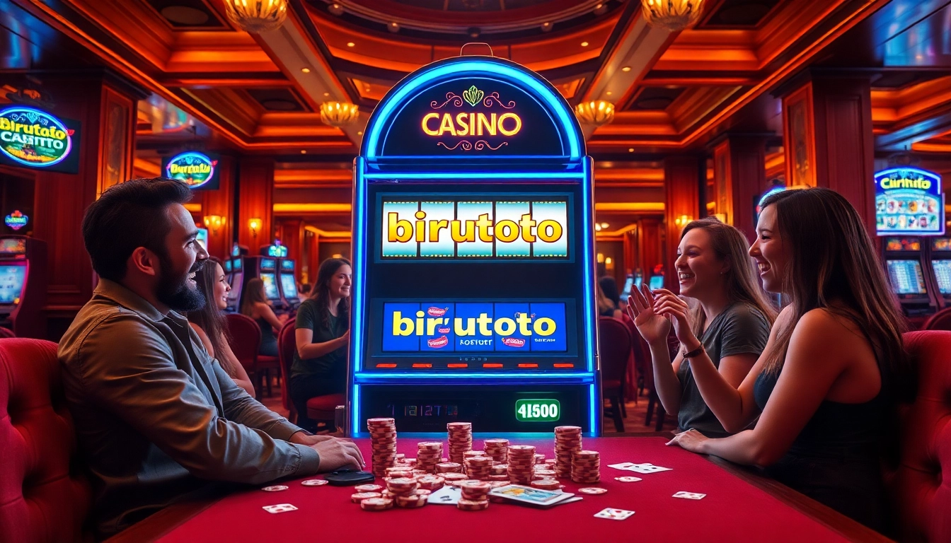 Players enjoying the birutoto slot machine in a lavish casino setting.