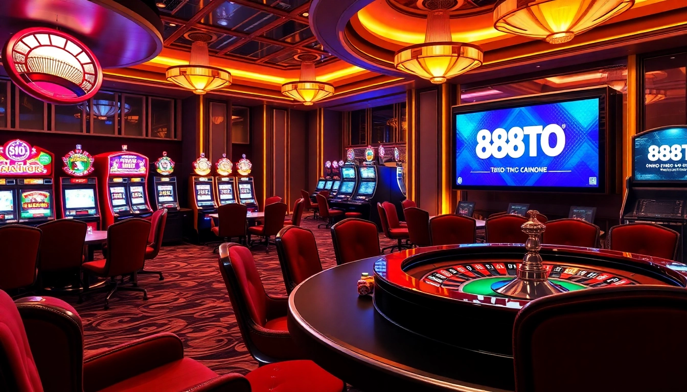 Exciting casino scene featuring 888TO with vibrant slot machines and high-stakes poker table.
