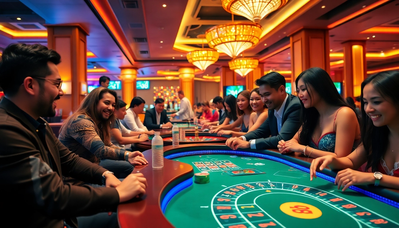 Exciting gaming atmosphere featuring diverse players engaged at XX88 HOW casino tables.