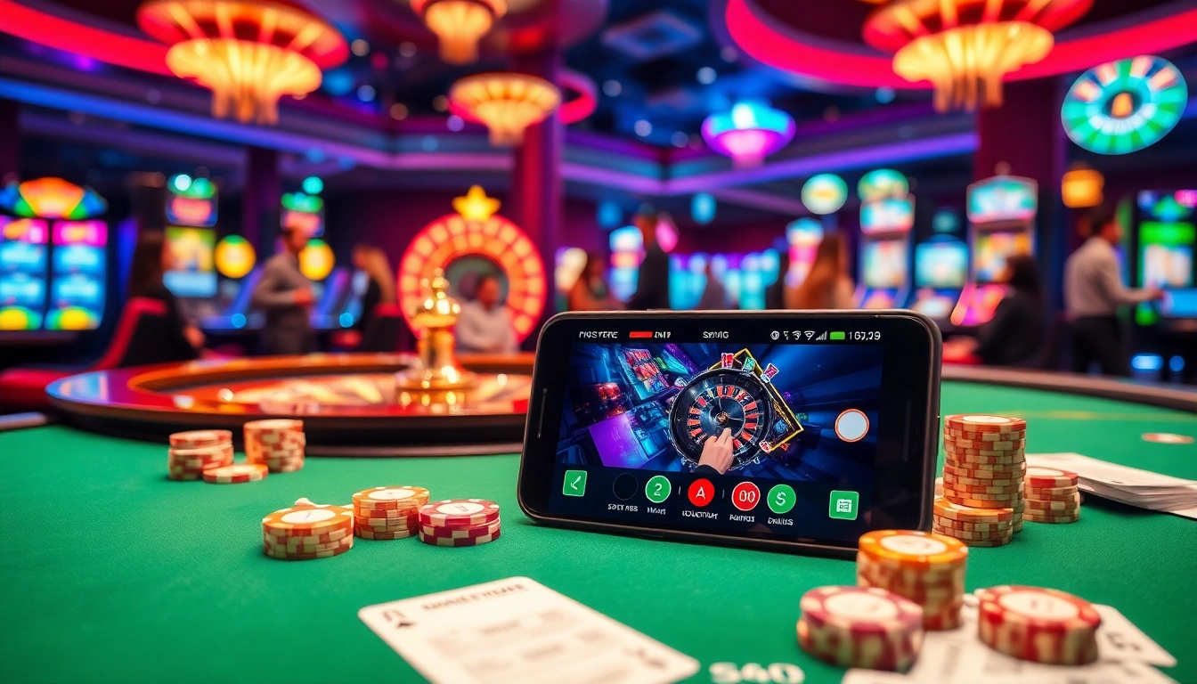 S8 gaming experience with vibrant casino elements, showcasing tables, cards, and smartphone betting.