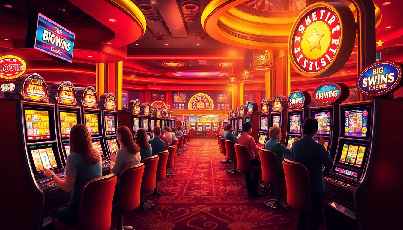 Excited players enjoying vibrant slot machines at a luxurious 슬롯사이트 casino.