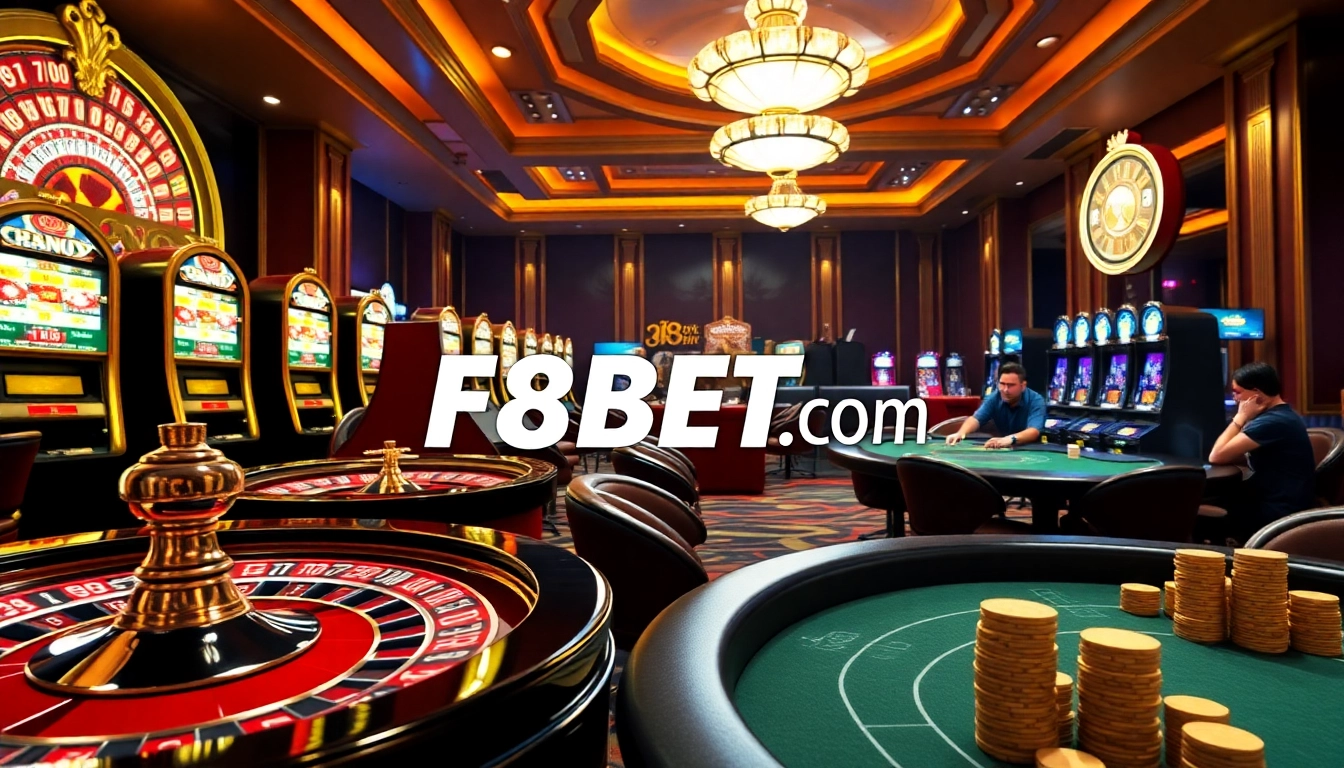 Exciting gambling scene at F8BET.COM featuring poker tables, roulette wheels, and slot machines.