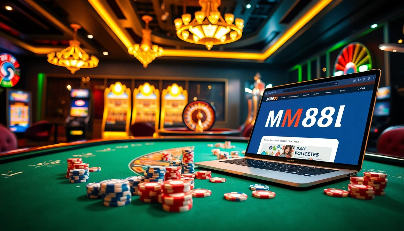 Experience thrilling casino games at https://mm88.nl/ with a vibrant poker table and eye-catching slot machines.