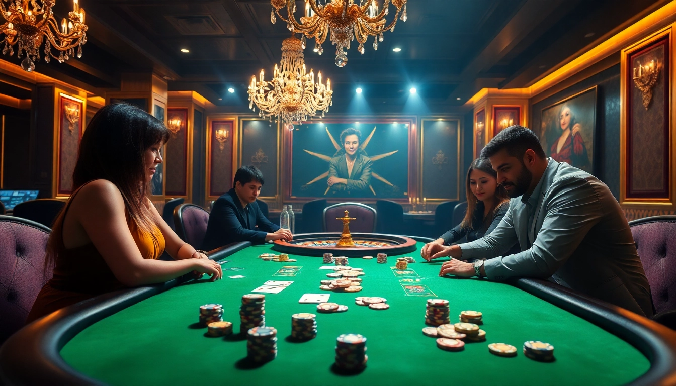 Players enjoying an exciting poker game at a luxurious casino, featuring okwin branding elements.