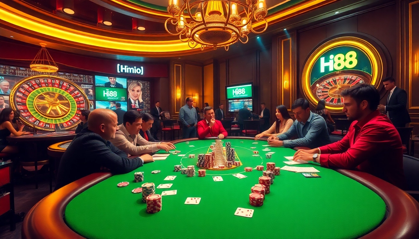 Exciting casino scene with Hi 88 branding at a poker table filled with chips and cards.