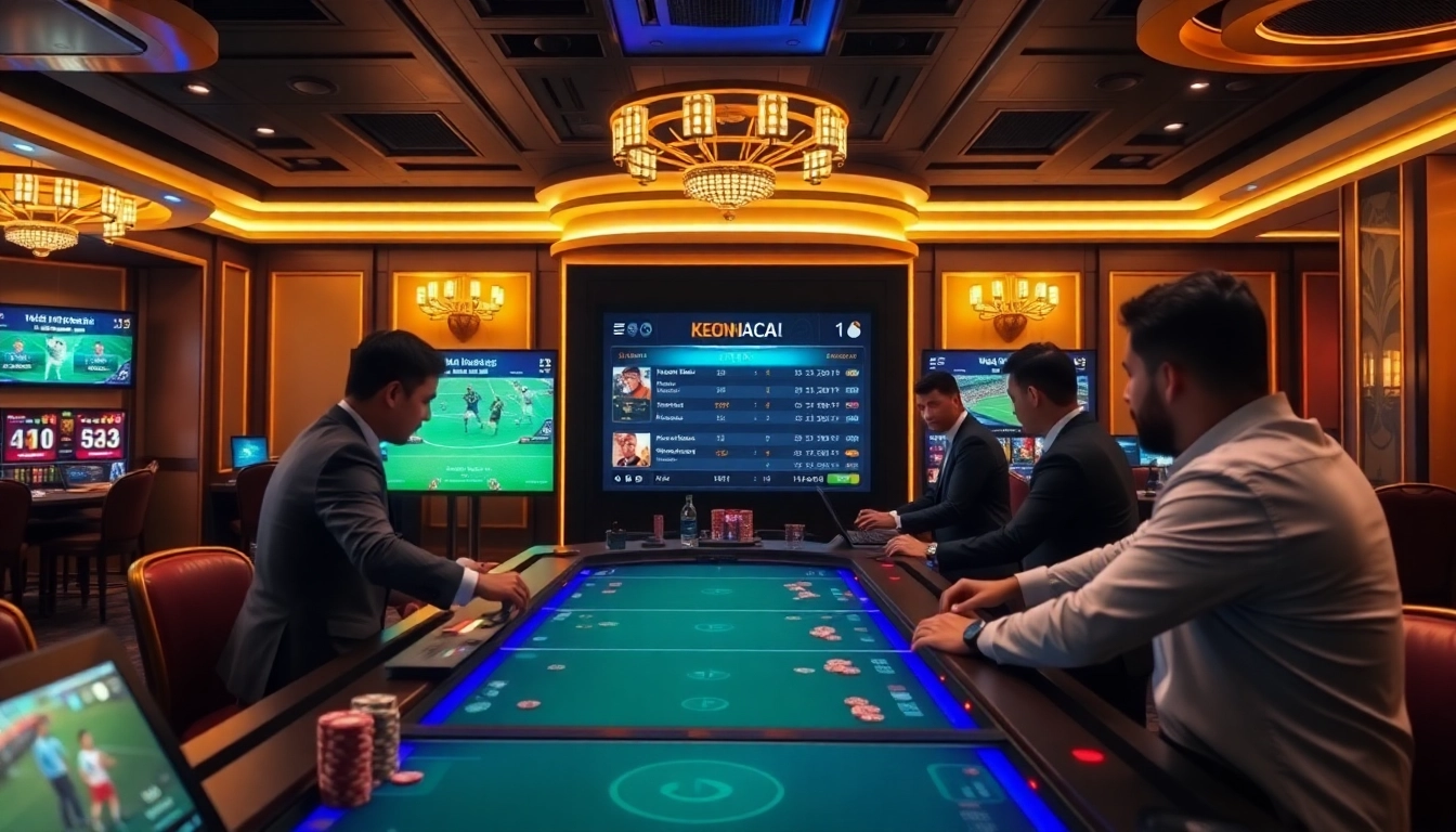 Action-packed sports betting scene highlighting keonhacai5 with digital odds and dynamic gamblers.