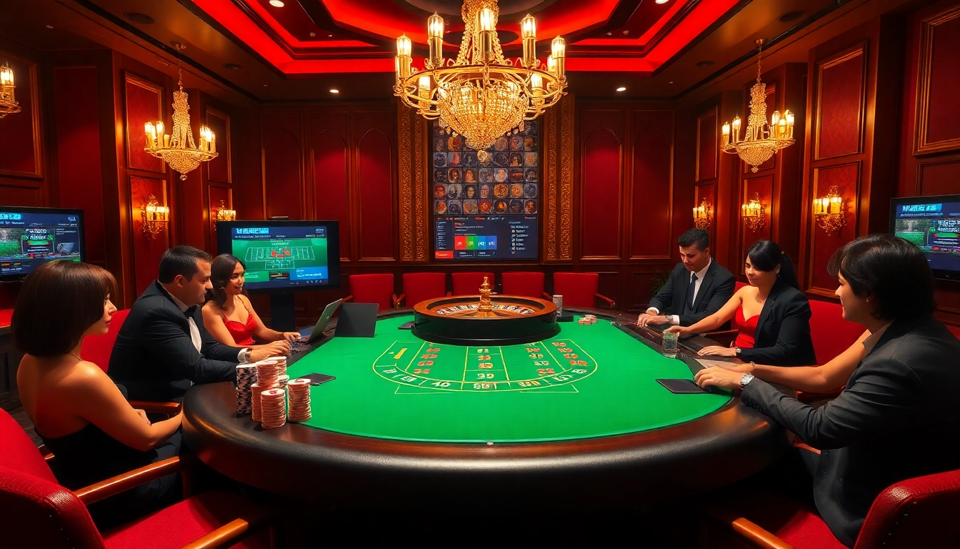 Engage in thrilling games at MM 88's luxurious casino with vibrant poker tables and roulette wheels.