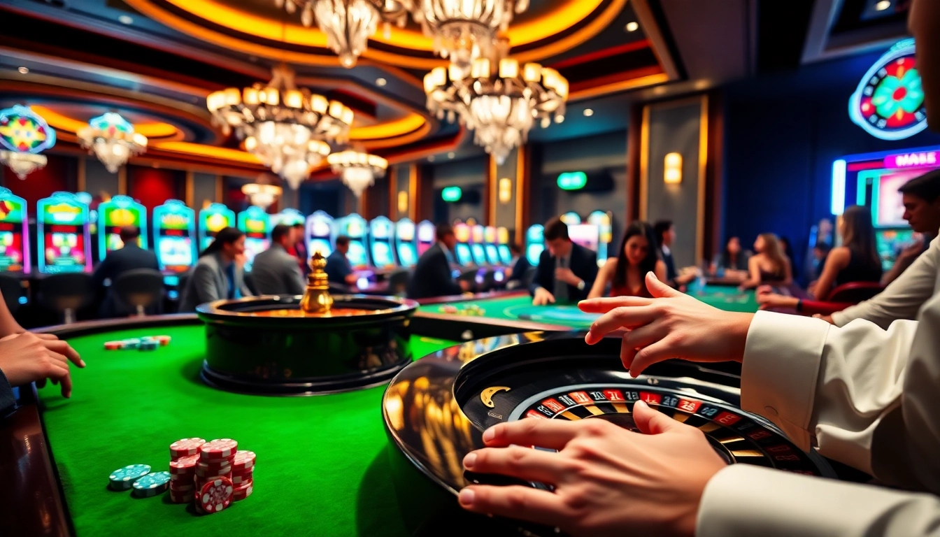 Gambling excitement at mm88 casino featuring a roulette table and colorful slot machines.