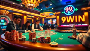 Exciting poker game at a luxurious casino showcasing 99 WIN branding.