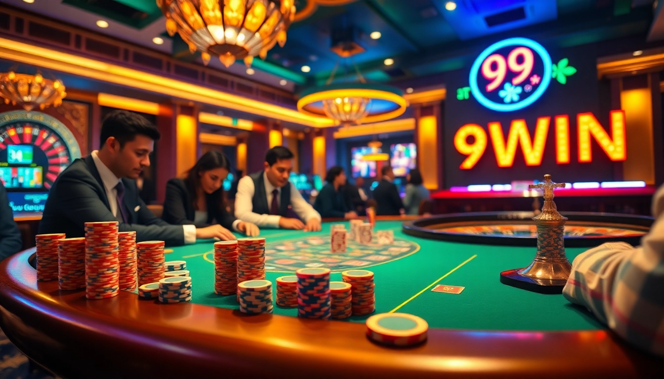 Exciting poker game at a luxurious casino showcasing 99 WIN branding.