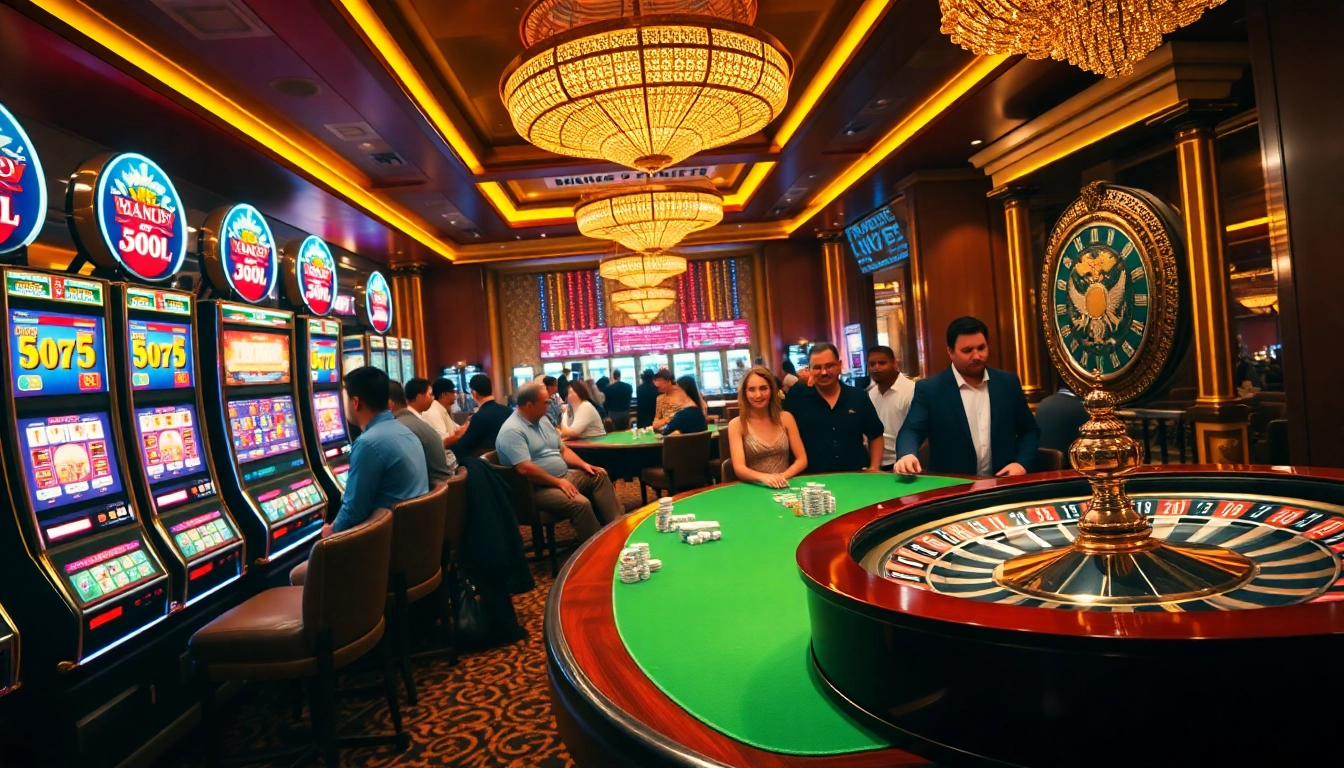 Experience thrilling gameplay at LC88's upscale casino with vibrant slot machines and intense poker action.
