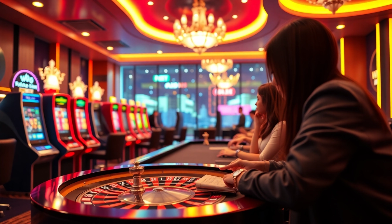 Exciting gameplay at kèo nhà cái w88 in a luxurious online casino setting with vibrant slot machines.