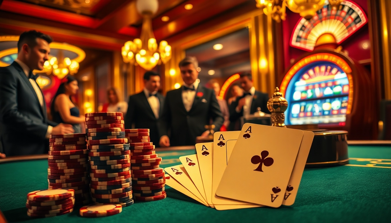 Gamblers celebrating a win with nohu-themed playing cards at a luxurious casino table.