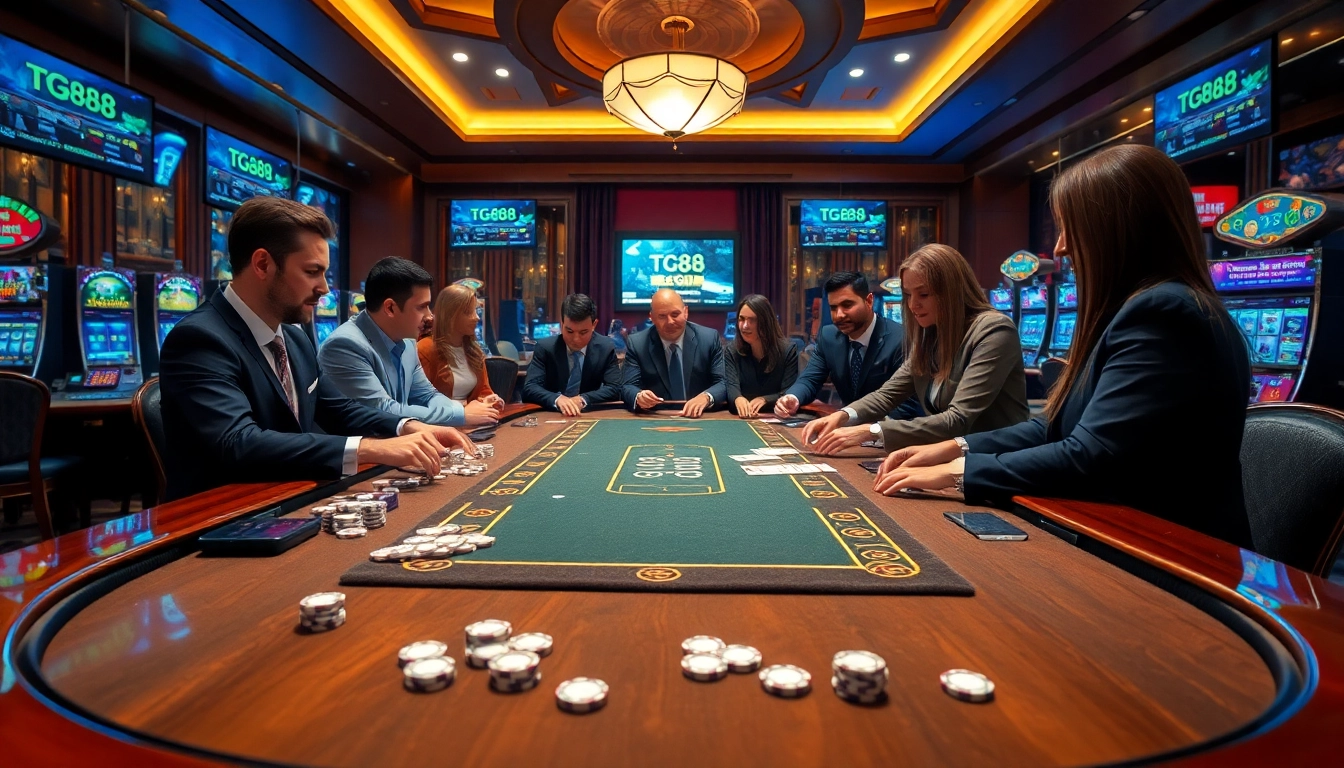 Join the action at TG88 COM with vibrant casino tables filled with chips and cards.