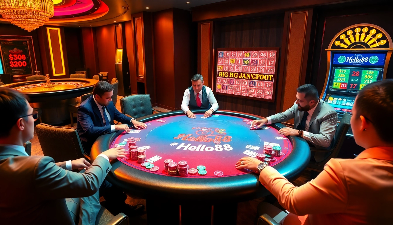 Players enjoying a high-stakes game at Hello88-themed casino table, rich colors and chips