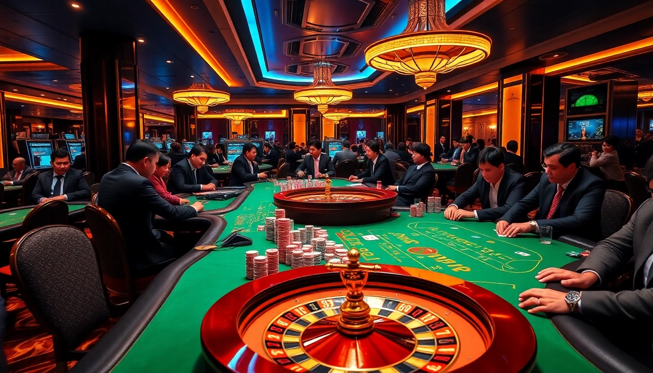Players enjoying thrilling action at GG88 casino with vibrant poker chips and a roulette wheel.