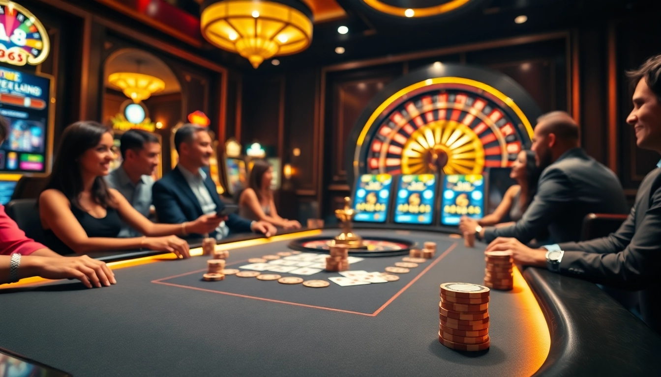 Engaging in an exhilarating game at OK365 casino with poker chips, cards, and a roulette wheel.