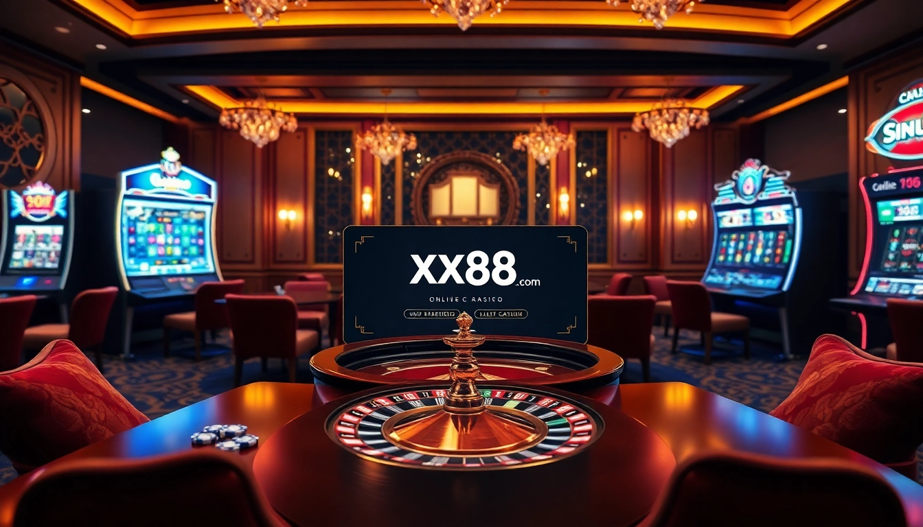 Experience high-stakes action at xx88 com with a luxurious online casino scene showcasing roulette and slot machines.