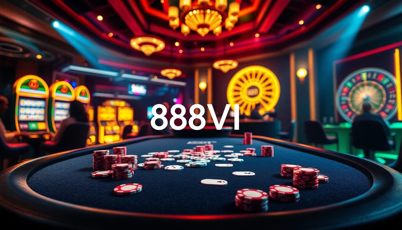 Players engaging with vibrant poker chips and cards at 888VI in a luxurious casino setting.