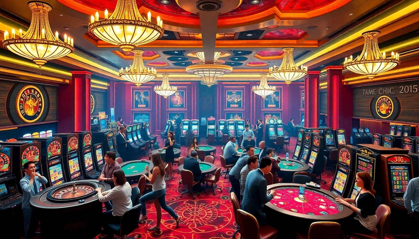 Engaging scene at Trang chủ 32Win casino featuring excited gamblers at roulette and slot machines.