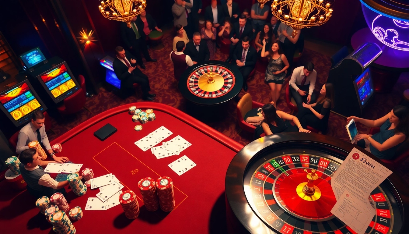 Exciting casino atmosphere with poker chips and roulette wheel at 32win.
