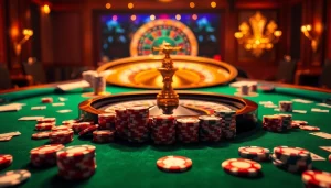 Engage with 789f.com at a luxurious casino table filled with colorful chips and cards.