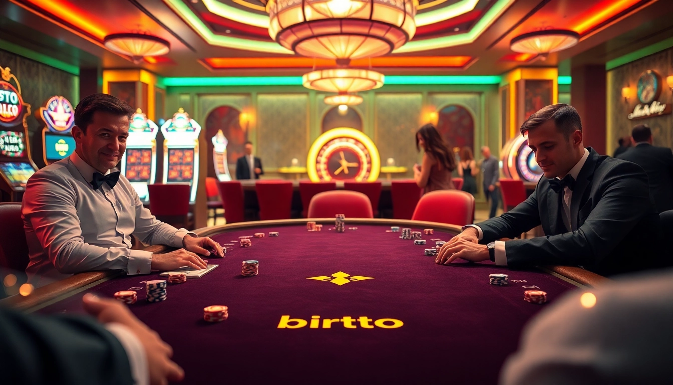 Memikat pemain di meja kasino Birutoto yang dikelilingi chip poker berwarna-warni dan mesin slot.