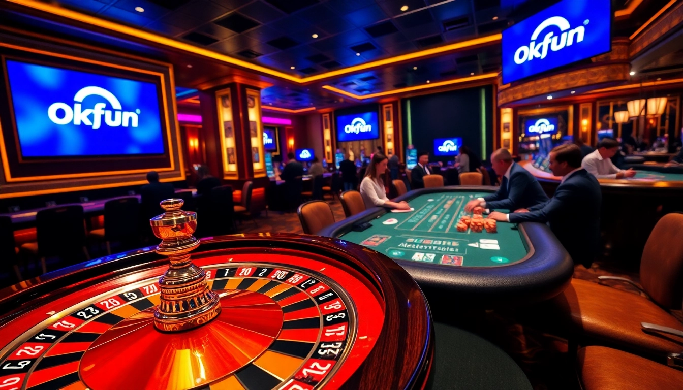 Experience the excitement of gambling at Okfun with a vibrant casino scene featuring roulette wheels and poker tables.