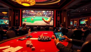 Engaged bettors enjoying sv388 đá gà action, showcasing excitement in a luxurious casino setting.