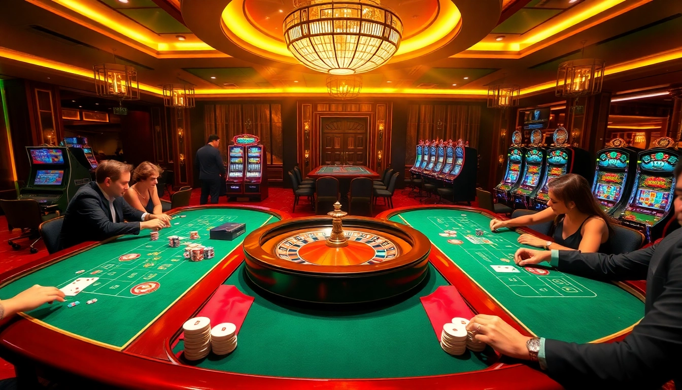 Hello88 showcases a thrilling casino experience with players at vibrant tables, roulette wheel, and elegant slot machines.