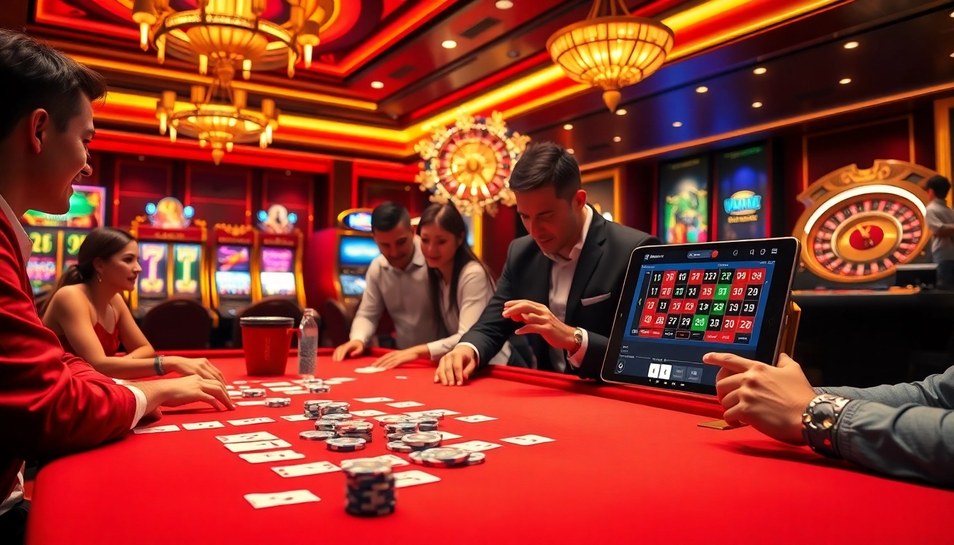 Engage in high-stakes poker at Vmax's luxurious gambling table amidst vibrant casino lights.