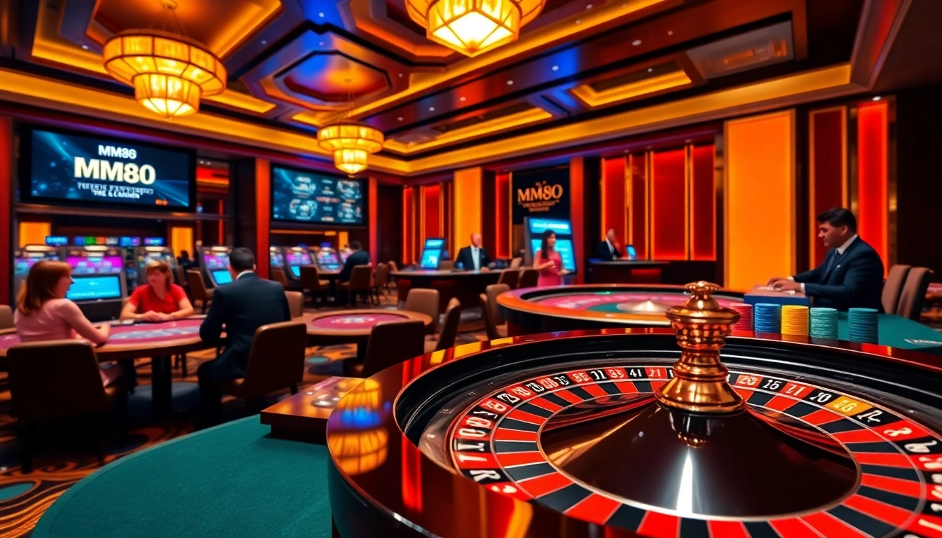 Experience thrilling gaming with MM88 at a luxurious casino featuring poker and roulette.