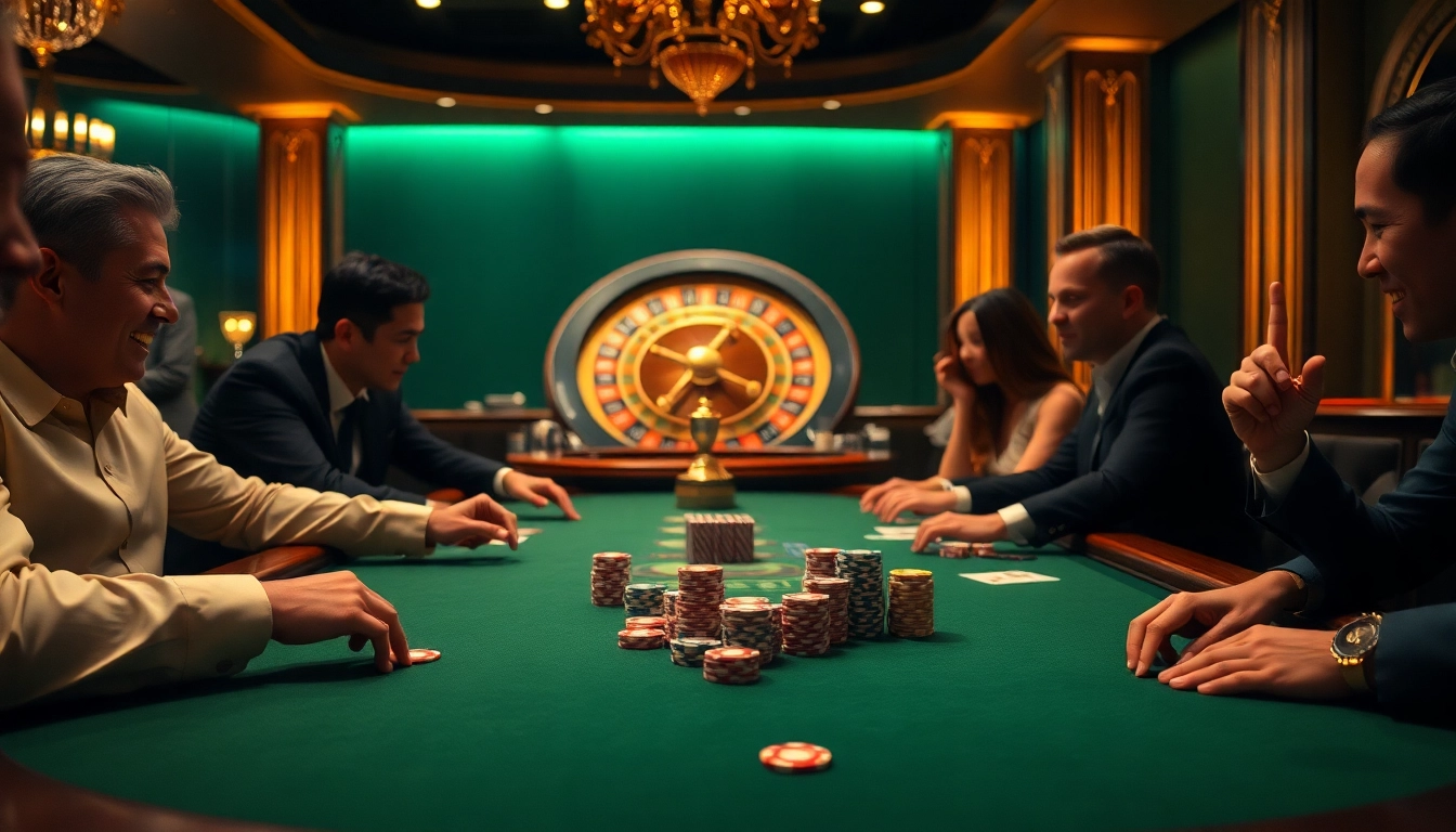 Players enjoy an exciting poker game at a luxury casino table, showcasing 32 win chips and cards.