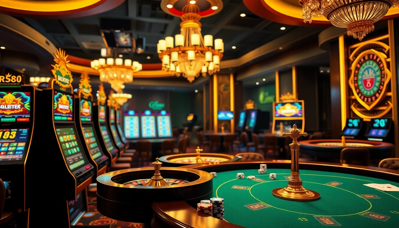 rr88 đăng nhập at a luxury casino interface featuring vibrant slot machines and roulette tables.