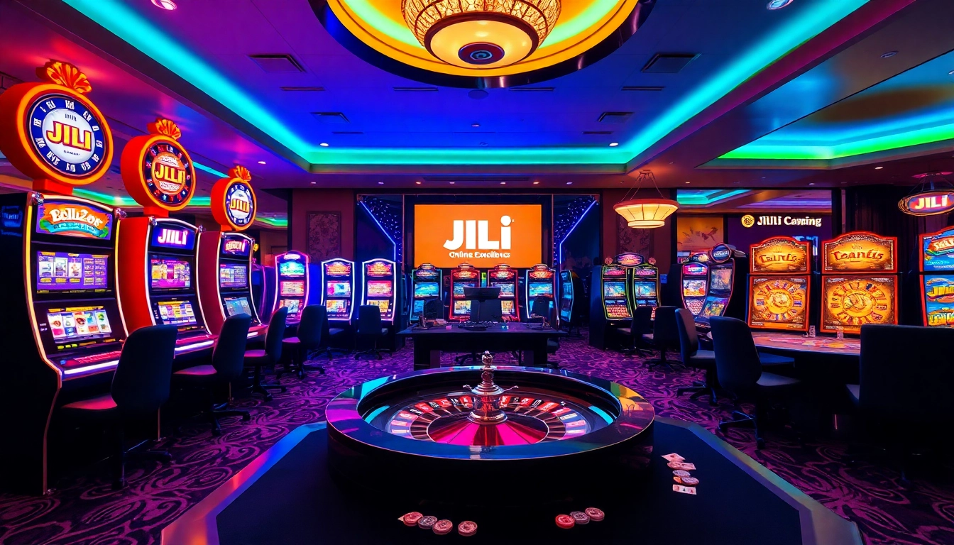JILI gaming action with players enjoying vibrant slot machines and roulette in a luxurious casino.