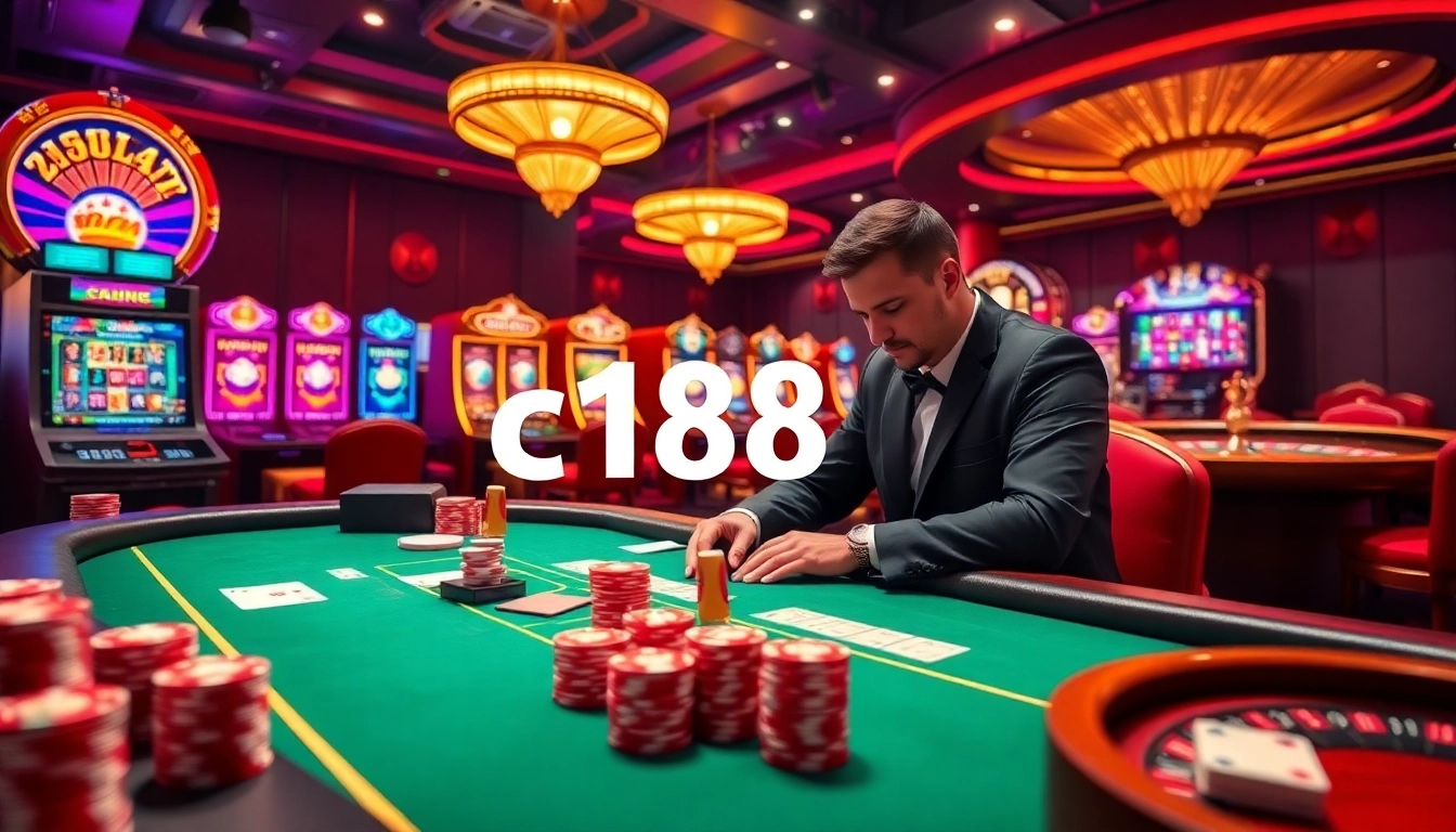 Experience the thrill of the c168 game with a vibrant casino scene filled with poker tables and slot machines.