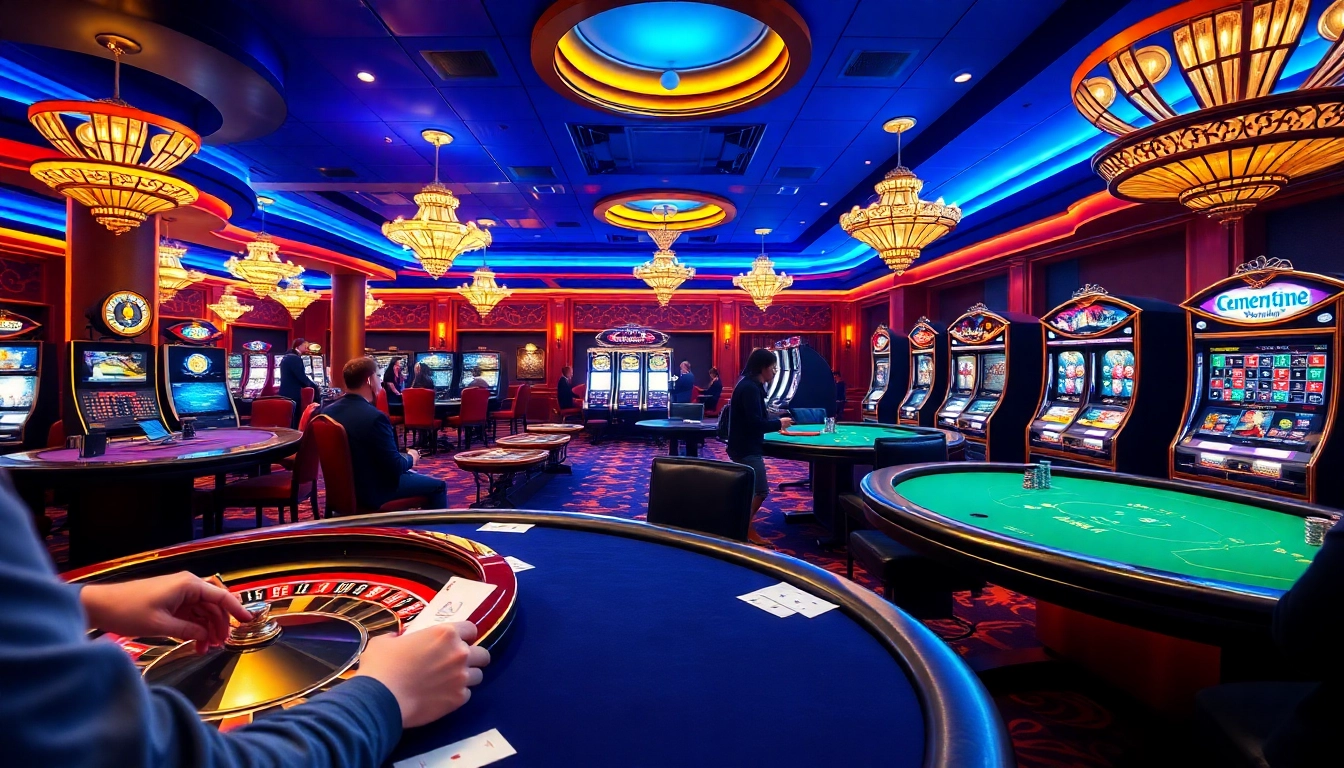 Players enjoying a thrilling game environment at go8.com, featuring poker tables and vibrant slot machines.