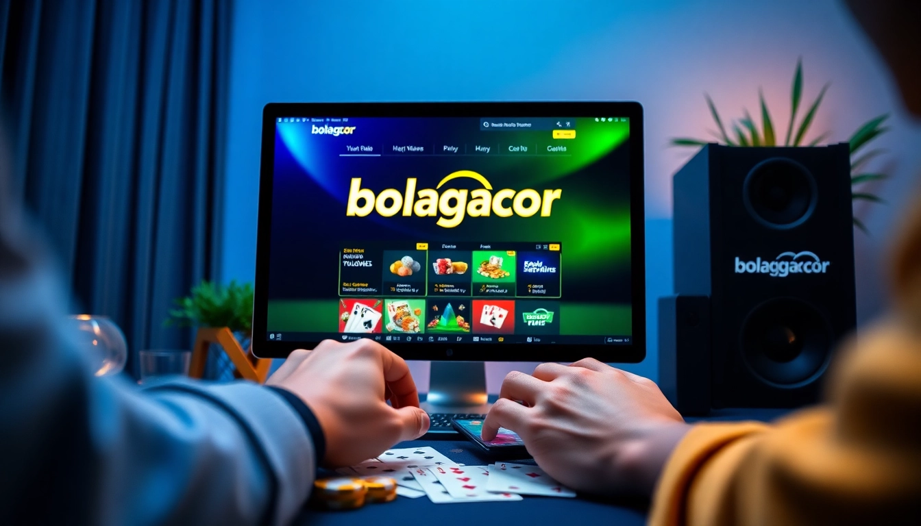 A dynamic online gambling scene featuring bolagacor, capturing an engaging user experience with vibrant colors and modern design.