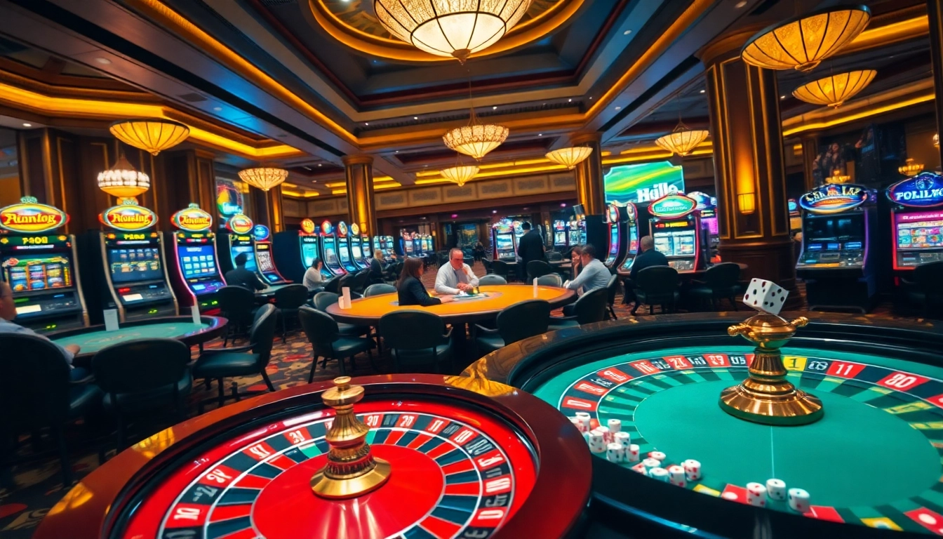 Players enjoying thrilling games at Hello88 casino, featuring poker tables and vibrant slot machines.