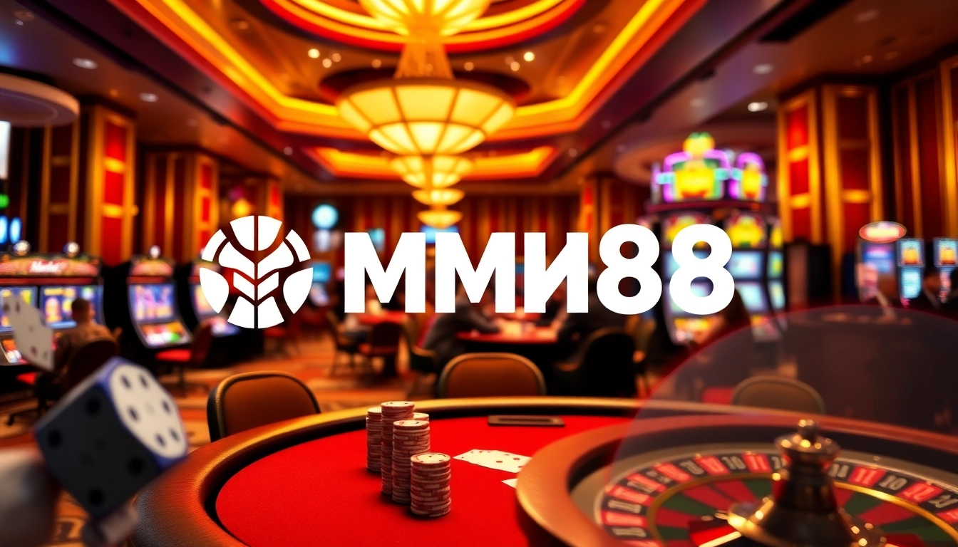 MM88 casino scene with players at a poker table and vibrant slot machines.