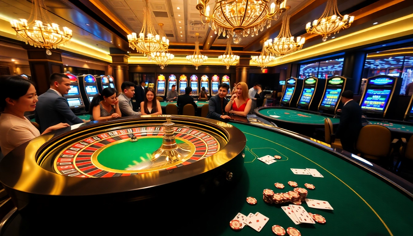 Exciting gambling action at MM88 casino with roulette and poker tables.