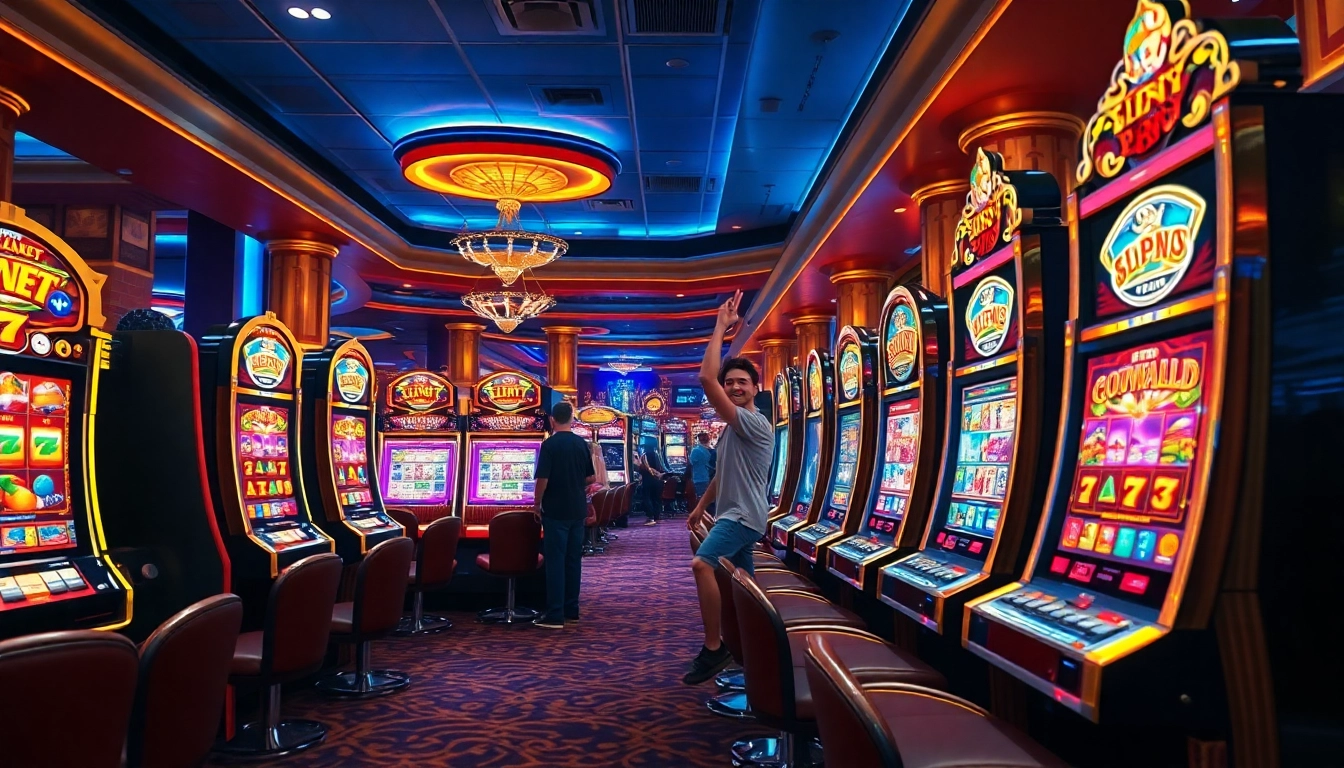 Exciting casino scene featuring doaslot machines and players celebrating wins.